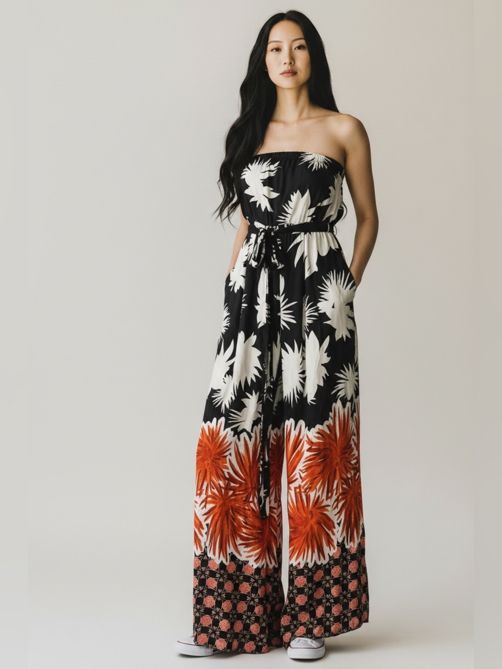 MSK Strapless Floral Wide-Leg Jumpsuit in Black, White & Orange